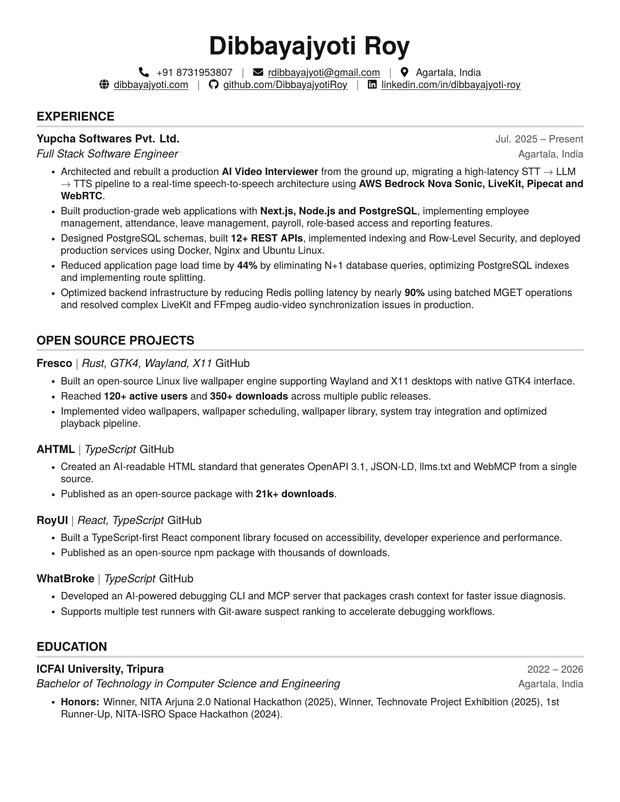 Résumé of Dibbayajyoti Roy, page 1 of 2