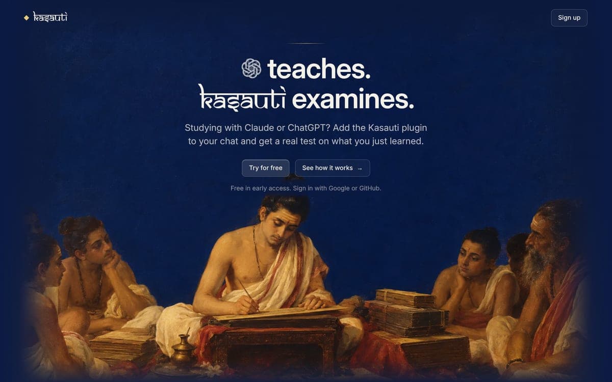 Kasauti's landing page headline: AI teaches. Kasauti examines.